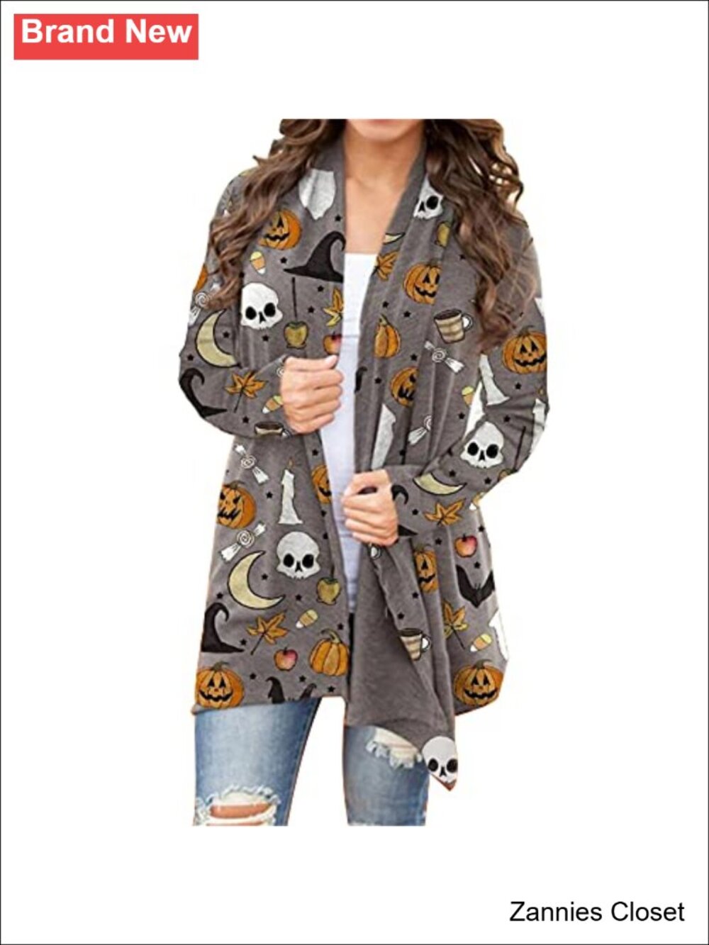 👻 Halloween Cat Pumpkin Graphic Open Front Cardigan Long Sleeve Knit Sweater